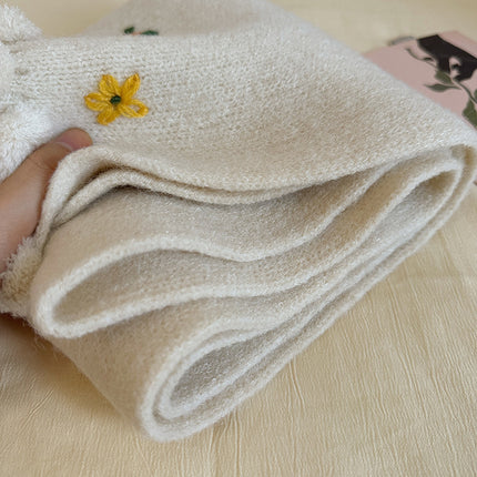 Sun Flower Rain ~ dark blue light blue * Cute Flower Embroidered Scarf Handmade Fur Ball Autumn and Winter Warm Wool Scarf