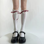 [calf socks] white with red ribbon / One size fits all [length can be adjusted, stacked or straightened]