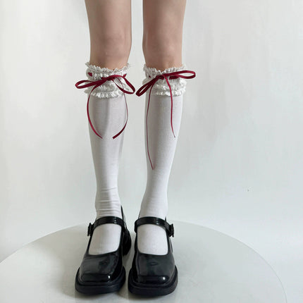 Pure Cotton Lolita Wide Lace Ribbon Gentle Town Sweet Pure Desire Women's Spring Bow Mid-Calf Socks Lolita Socks