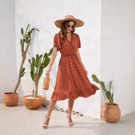 Amazon Cross-Border V-Neck High-Waist Strap Dress Fur Ball Short-Sleeved Dress Casual Vacation Travel Dress