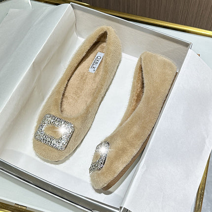 2025 New Winter Furry Shoes for Women, Korean Style Square-Toe Flats Shoes, Fleece-Lined Rhinestone Bean Shoes, Women's Cotton Scoop Shoes