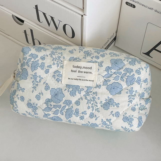 Blue Begonia Flower Cosmetic Bag Retro Student High-value Wash Bag Outgoing Portable Travel Storage Bag Octagon Bag