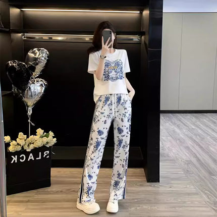 Fashionable Age-reducing Casual suit Women Blue and White Porcelain Printed Butterfly High-end Fashion Sports Casual suit Women