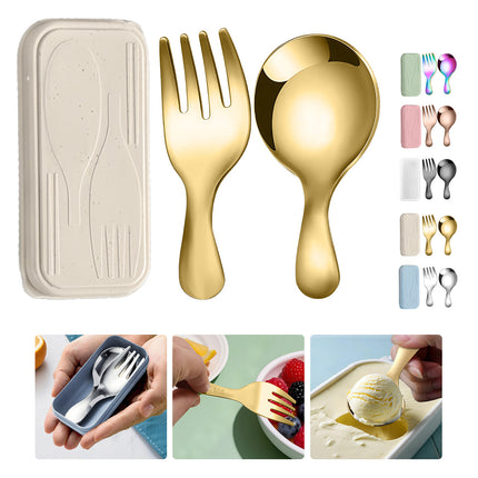 Stainless Steel Portable Spoon and Fork Set Children's Rice Spoon Dessert Spoon Fruit Fork Short Handle Fork Spoon Mini Tableware