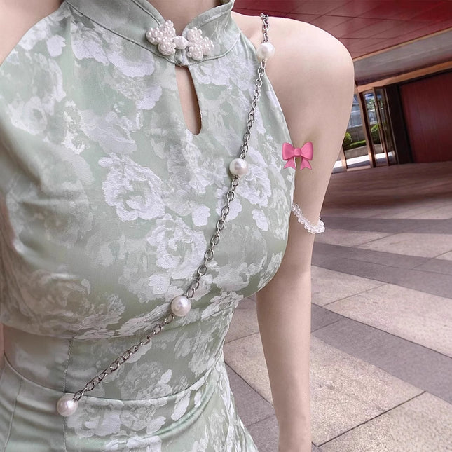 New Chinese Style Improved Cheongsam Halterneck Suspender Dress for Women Summer Waist Slimming Slit Hip-Covering Green Long Skirt