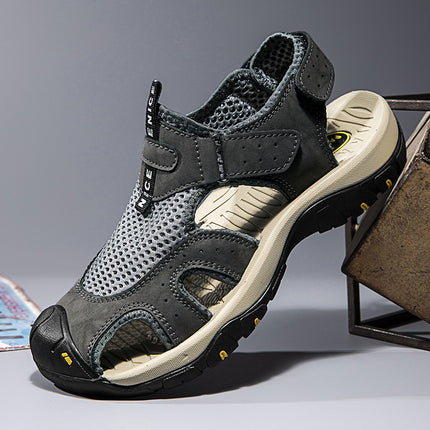 Summer Hole-In-The-Wall Men's Sandals Genuine Leather Thick-Soled Toe-Cap Men's Shoes Non-Slip Hollow Breathable Outdoor Casual Beach Sandals for Men
