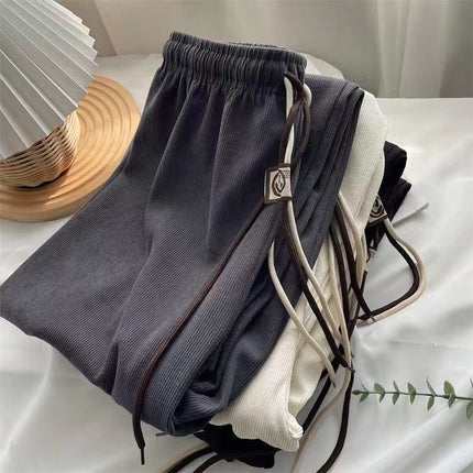 Ultra-Fine Smiley Face Drawstring Pants for Women Straight Casual Corduroy Wide-Leg Pants 2025 Autumn and Winter Drapey Floor-Length Pants