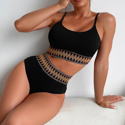 2025 New Bikini Cross-Border European and American Aliexpress Webbing High-Waisted Sexy Backless Bikini Two-Piece Swimsuit for Women