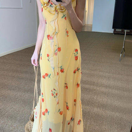 Summer French Style Dopamine Sweet Dress Dusk Rose Lace Yellow Floral Sling dress Fishtail Long Dress