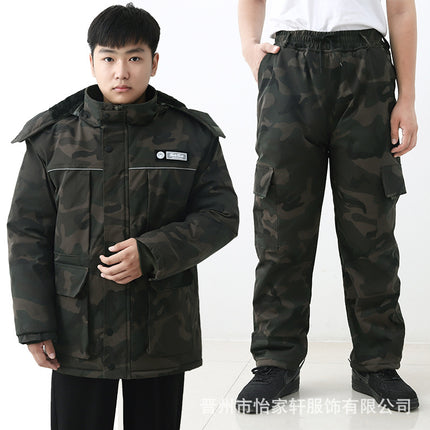 Winter Cotton-Padded Labor Protection Clothing for Men, Fleece-Lined and Thickeneded Cotton-Padded Jacket and Pants Suit, Wear-Resistant and Cold-Proof Camouflage Cotton Coat and Work Clothes