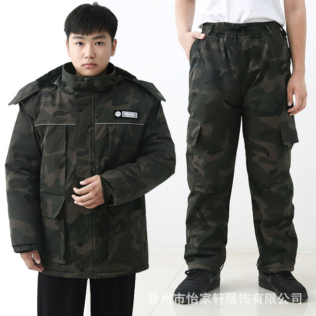Winter Cotton-Padded Labor Protection Clothing for Men, Fleece-Lined and Thickeneded Cotton-Padded Jacket and Pants Suit, Wear-Resistant and Cold-Proof Camouflage Cotton Coat and Work Clothes