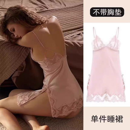 2026 New Sexy High-End Dress, Ice Silk Nightgown, Lace Dress with Straps, V-Neck Nightgown with Chest Pads