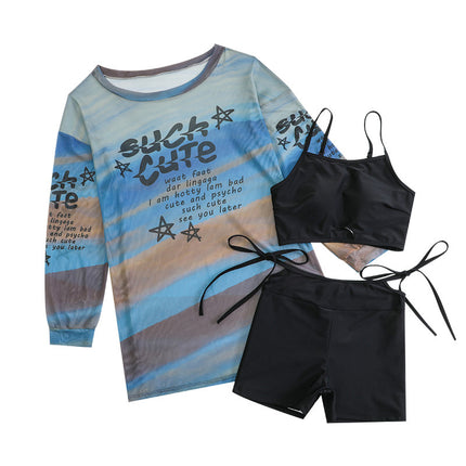 2025 new plus size swimsuit split student three-piece long sleeve blouse bikini slightly fat mm slim cover
