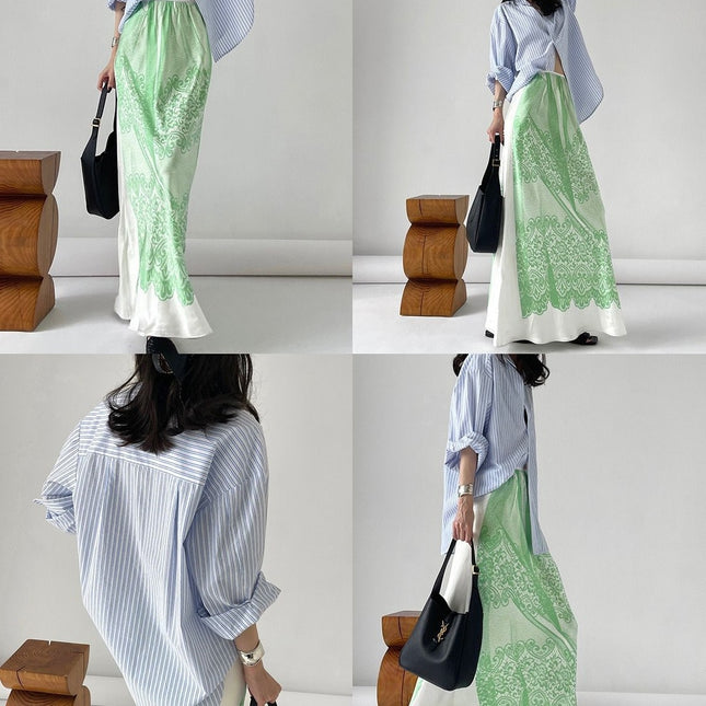 2025 Summer New Italian New Chinese Long Dress to Ankle Design Niche Green Printed Dape Skirt