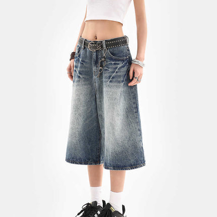 American-Style Ice Blue Lightning Crackle Denim Shorts for Women, New Summer Loose Trendy Brand Straight Cropped Casual Pants