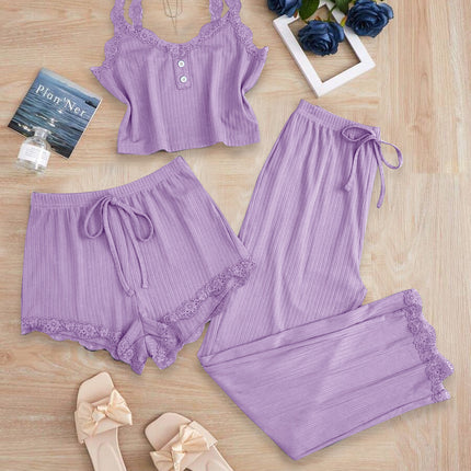 Lace Trim Three-Piece Set: Camisole, Shorts, Long Pants, Women's Slim-Fit Loungewear, Brushed Sleepwear