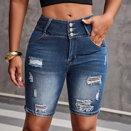 European and American Aliexpress Independent Station Women's Pocket Ripped Tight Casual Versatile Denim Shorts