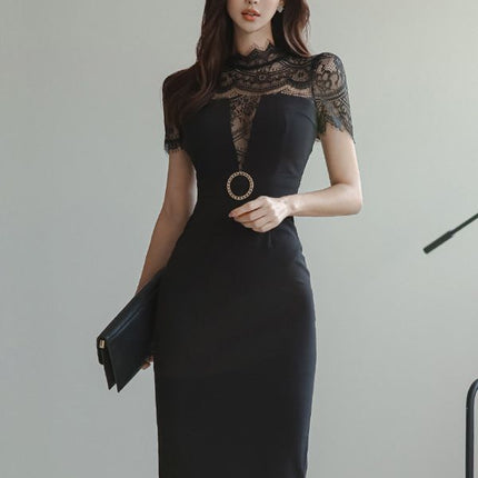 Yujie Fan Stitching Lace Waist Dress Cross-border 2023 New Korean Style Elegant Slim-fit Professional Hip Skirt for Women