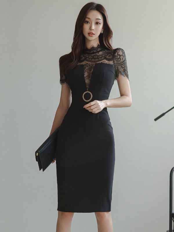 Yujie Fan Stitching Lace Waist Dress Cross-border 2023 New Korean Style Elegant Slim-fit Professional Hip Skirt for Women