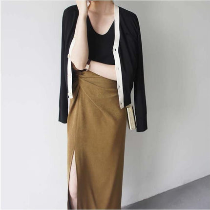 Mustard Matte Texture Cross-Design High-Waisted Side-Slit Over-The-Knee Skirt, Stylish and Fashionable Women's Bottom Garment