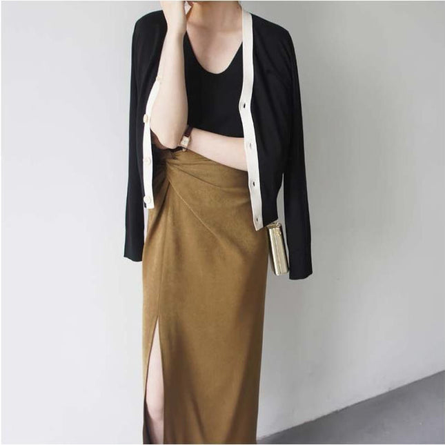 Mustard Matte Texture Cross-Design High-Waisted Side-Slit Over-The-Knee Skirt, Stylish and Fashionable Women's Bottom Garment