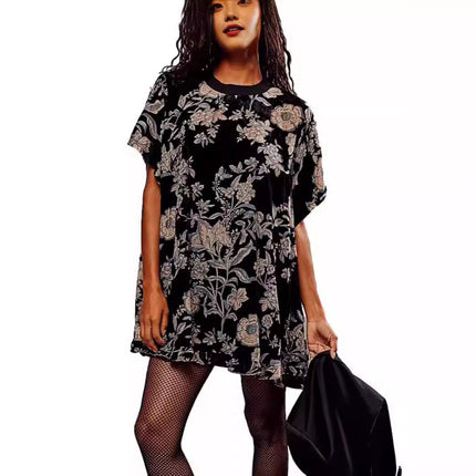 Amazon 2024 Women Fashion Vintage Velvet dress Round Neck Short Sleeve Floral Print Mini Elegant