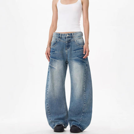 High Street Retro Scimitar Jeans for Women, Washed Lightning Pattern, Deconstructed Three-Dimensional Design, Loose Slimming Wide-Leg Pants