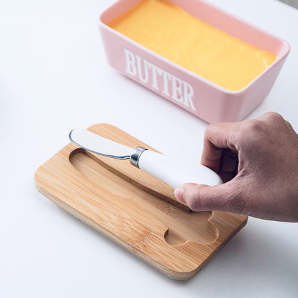 Ceramic Butter Box Rectangular Butter Sealing Box Cuttable Refrigerated Refrigerator Cheese Storage Box with Wooden Lid Butter Dish