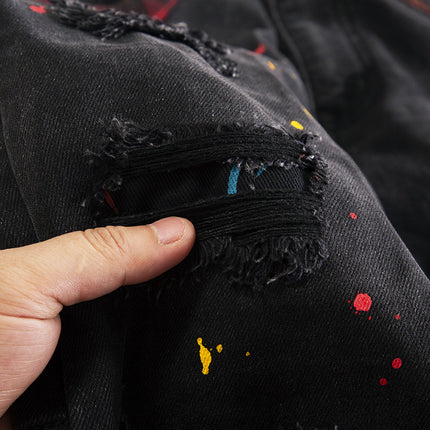 European Station Ripped Patch Splash Ink Black Jeans Men's Slim Fit Small Feet Elastic Spray Paint Design Sense Trendy Brand