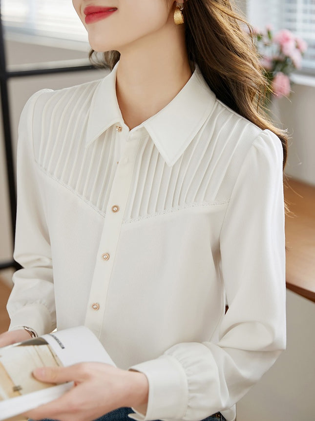 French Style Organ Pleated White Shirt Women's 2025 Spring Long Sleeve Design Sense Niche Chic Top Elegant Shirt