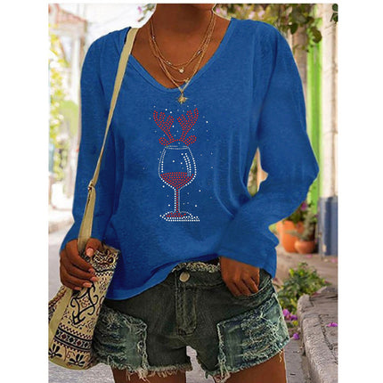 2023 European and American Amazon independent station wish autumn and winter new hot selling women's printed V-neck long sleeve loose T-shirt for women