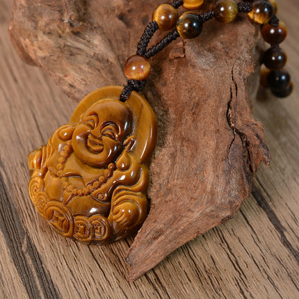 Natural tiger eye stone money Buddha pendant necklace crystal laughing Buddha jade pendant Maitreya Buddha pendant sweater chain wholesale