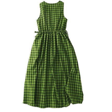 Real Shot of Cotton and Linen Green Plaid Fresh and White Sleeveless Waist Drawstring Summer Dress Literary Skirt Travel Skirt