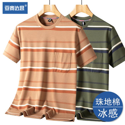 Dad T-shirt short sleeve summer pocket round neck yarn-dyed striped middle-aged men's top middle-aged and elderly plus size men's clothing