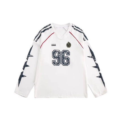 American Letter V-neck Long Sleeve T-shirt Men's and Women's Spring and Autumn Stripe Contrast Color Couple's oversize Ball Suit Design Sweatshirt