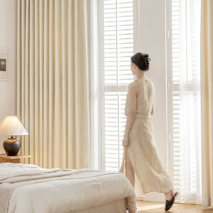 French Cream Chenille Curtain for Living Room Advanced Light Luxury Bedroom Semi-Shaded Thickened Modern Simple Wood Grain