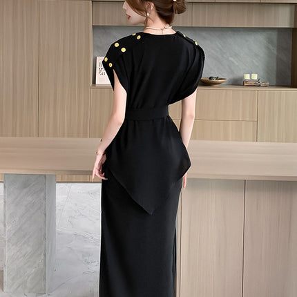 2024 cross-border black V-neck shows temperament irregular dress aura full-open light mature wind royal sister fan small black skirt