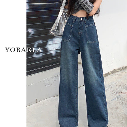 Blue-Gray Straight-Leg Loose Jeans 2025 New Women's Spring and Autumn Pear-Shaped Figure Slim Wide-Leg Pants