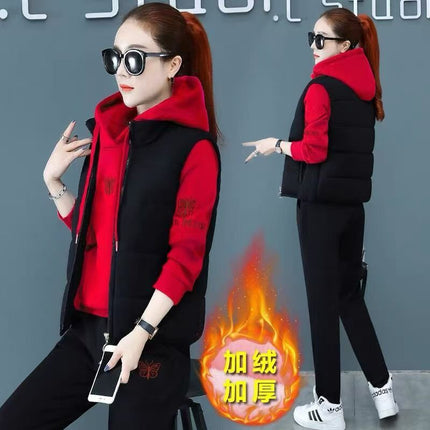 Mother's Autumn and Winter Vest Three-piece Set Middle-aged and Elderly fleece-lined Thickened Sportswear suit Women's Cold-proof Winter Coat New
