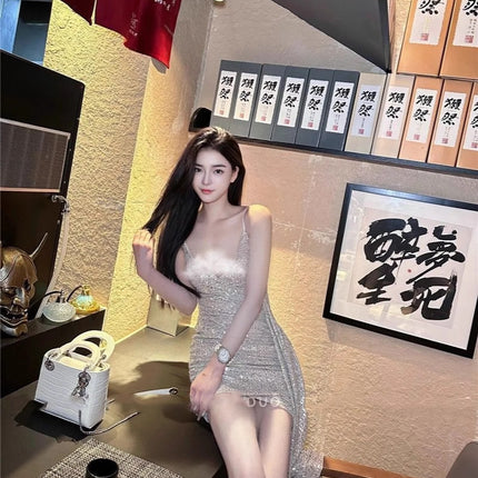 French Style Sexy 2025 Summer Low-cut High-end Temperament Goddess dress Sequin Strap KTV Belle Evening Dress