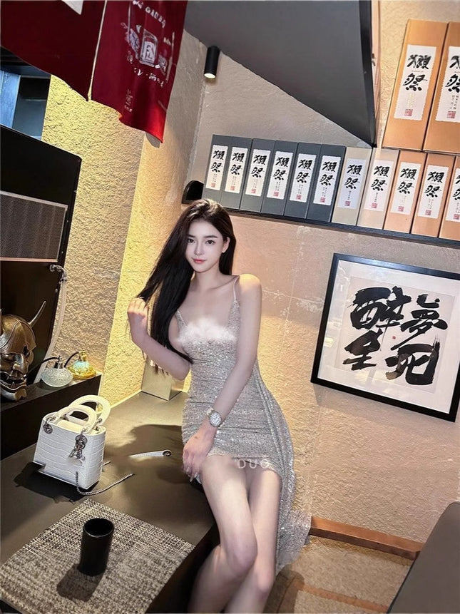 French Style Sexy 2025 Summer Low-cut High-end Temperament Goddess dress Sequin Strap KTV Belle Evening Dress