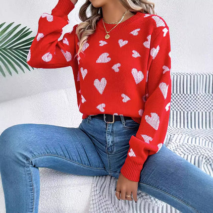 Clearance Sale Real Shot 2025 Autumn/Winter Casual Color-Block Heart Lantern Sleeve Pullover Sweater Amazon Cross-Border Valentine's Day