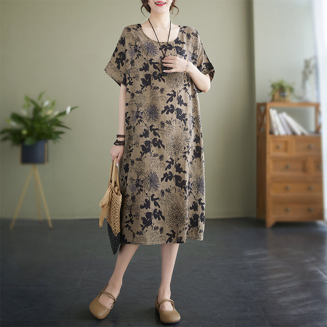 2023 New Style Elegant and High-End Short-Sleeve Loose Cotton-Linen Simple Long Floral Dress Mid-Length Artistic Retro