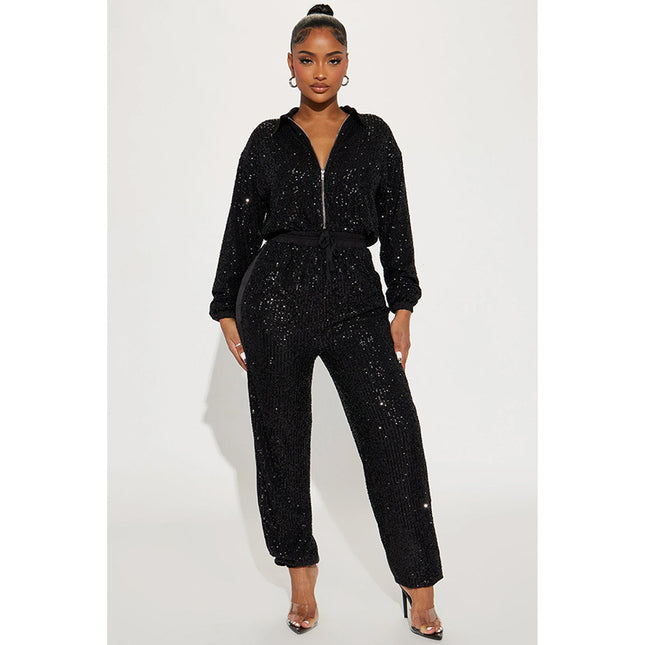 European and American autumn and winter new women's cross-border sequin jumpsuit sequined sexy deep V-neck jumpsuit