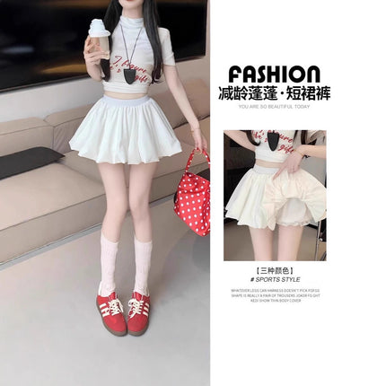 French-Style Color-Blocking Floral Bud Skirt for Women, Summer Petite Gray Plaid Short Skirt, Anti-Exposure A-Line Puffy Skirt