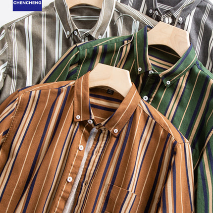 Men's Shirts New Style Retro Cotton Shirts Men's Long-Sleeved Striped Loose Korean Style Pure Cotton Breathable Shirts Men's Wholesale