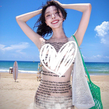 Source Manufacturer Sexy Yi Mengling Same Style Hot Girl Bikini Split Swimsuit Women's Mesh See-Through Printed Long Style