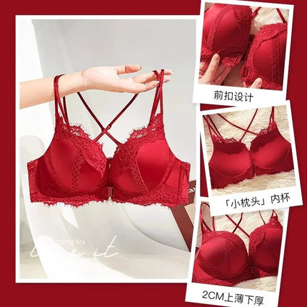 Red Small Breast Push-Up Bra for Women Wedding Bride 2025 New Animal Year Lace Pure Lust Bra Set