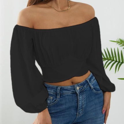 Women's Plain Cut Out Tie Back Off Shoulder Bishop Sleeve