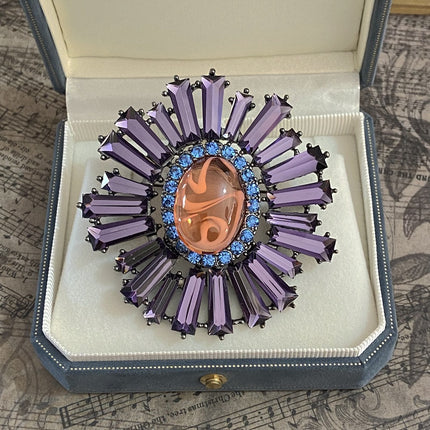 French Retro Exaggerated Brooch Middle Ancient Luxury High-end Sense Elegant Purple Sunflower Brooch Earrings suit Women